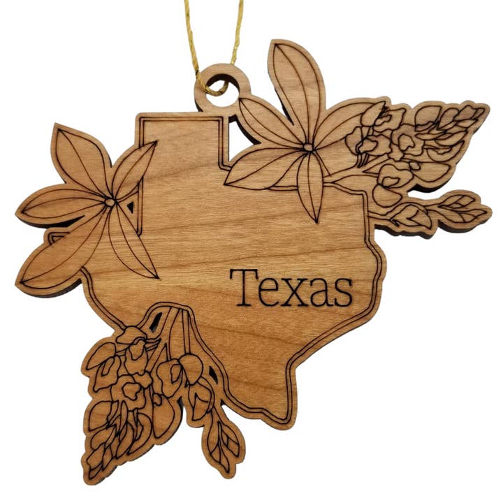 Adorno de Madera de Texas - Forma del Estado de TX con Flores Estatales Bluebonnets - Adorno de Madera Hecho a Mano en EE. UU. Decoración Navideña para venta al por mayor de Happy Wood Products