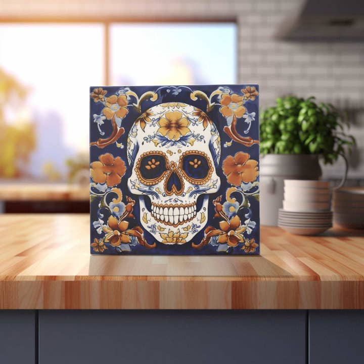 Peeping Tom's Cottage - Wholesale Wall Tile - Day of the Dead Calavera: Hand-Painted Ceramic Tile with Orange Florals for Home Decoration