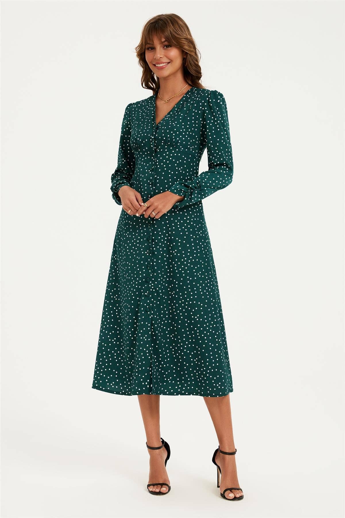 Dot Print Long Sleeve Button Front Midi Dress In Green for wholesale on Faire3