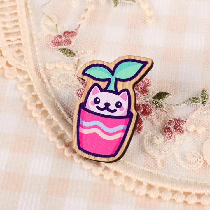 Mona Mauve • Silly Art! - Wholesale Lapel Pin/Button - Plant Cat Pin Badge | Cute Cat Wooden Pin2