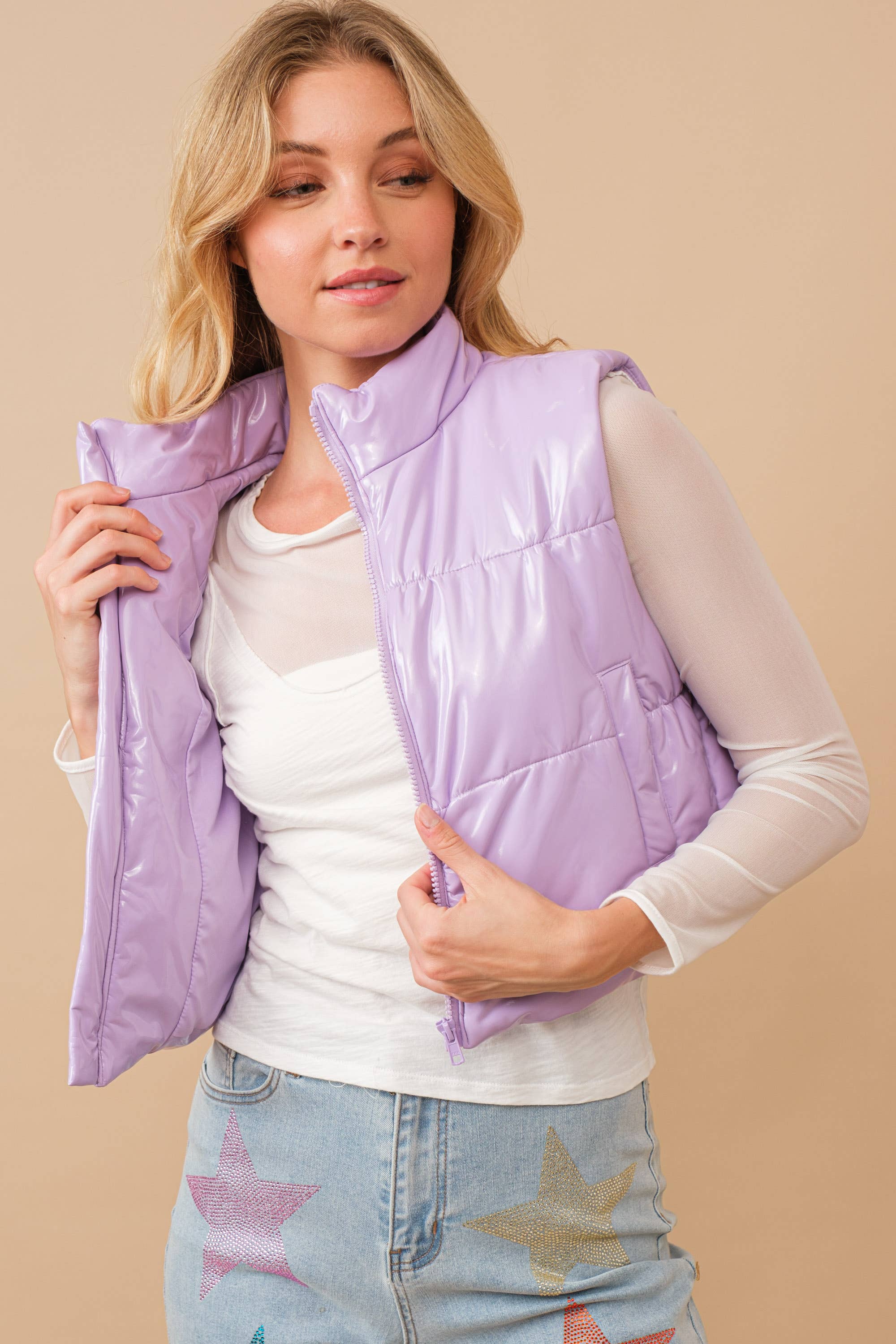 Blue B - Wholesale Outerwear Vest - Women's - 22656J - Gloss Shiny PU Quilted Puffer Zip Up Crop Vest42