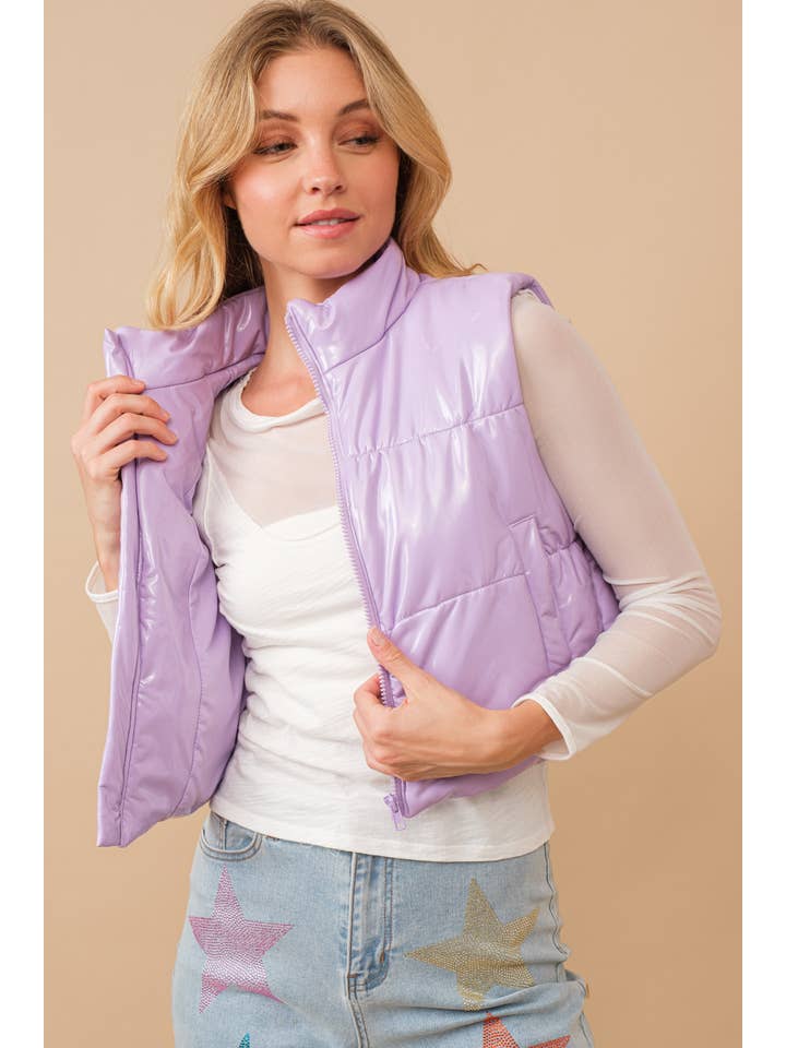 Blue B - Wholesale Outerwear Vest - Women's - 22656J - Gloss Shiny PU Quilted Puffer Zip Up Crop Vest42