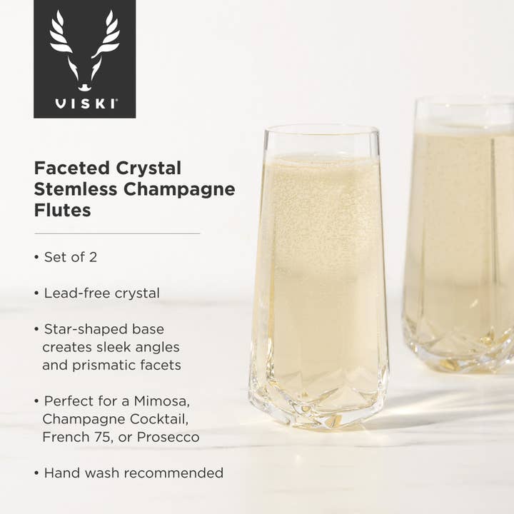Viski - Wholesale Champagne Flute - Seneca™ Faceted Stemless Crystal Champagne Flutes Set of 25