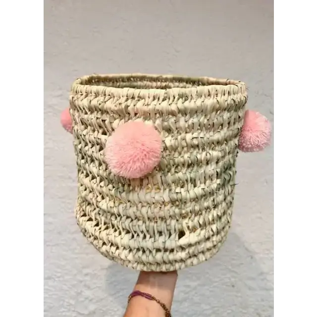 High crafty – wholesale Basket – 🧺 Handwoven Palm Leaf Basket with Colorful Wool Pom Poms13