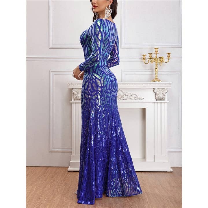 BLAU Einfarbiges, langärmliges Maxikleid mit Rundhalsausschnitt und Pailletten für Damen für den Großhandel auf Faire4