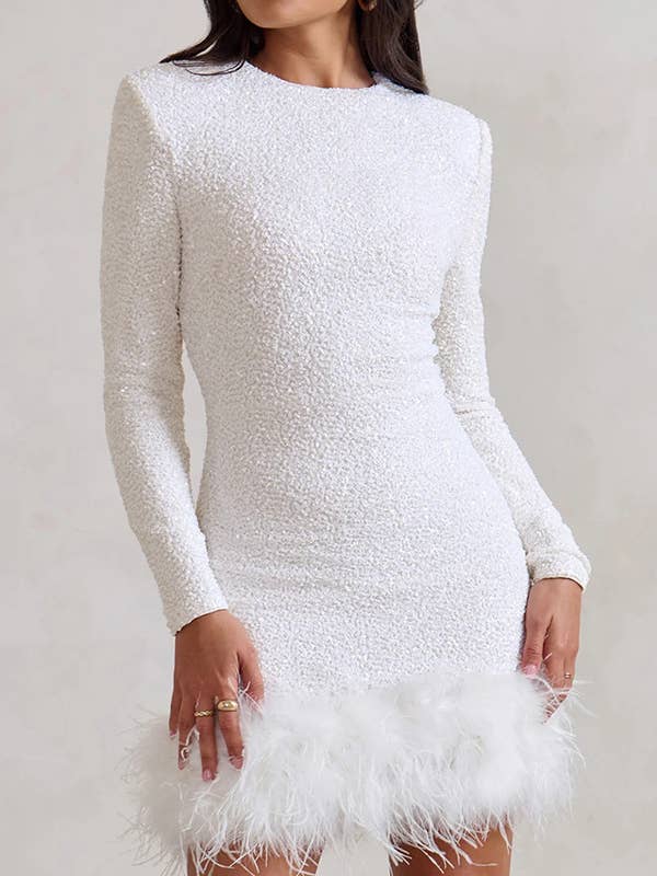 Sexy Crewneck Sequins Feather Hem Dress for wholesale by HIDDENBRAND