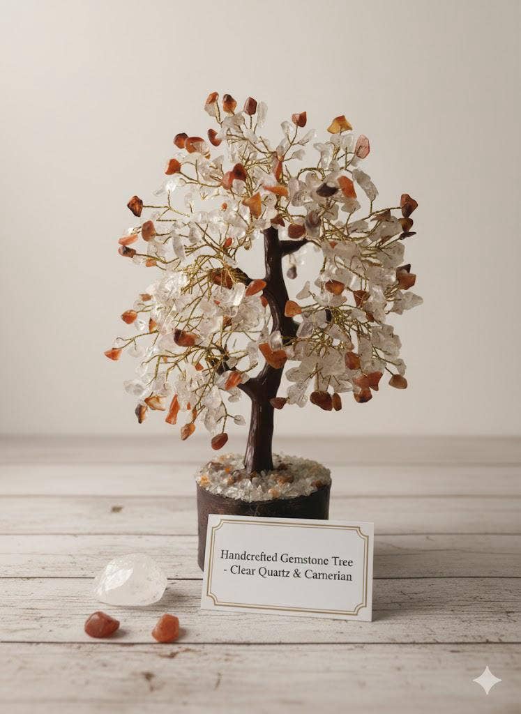 jiomind – Pedra/cristal espiritual por atacado – Árvore de pedra preciosa de quartzo transparente+cornalina (500 chips, fio dourado)10