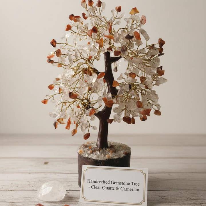jiomind – Pedra/cristal espiritual por atacado – Árvore de pedra preciosa de quartzo transparente+cornalina (500 chips, fio dourado)10