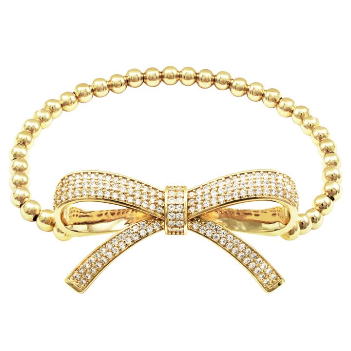 White CZ Bow, Gold Plated Brass 4mm Balls Stretch Bracelet for wholesale by Dlux Jewels