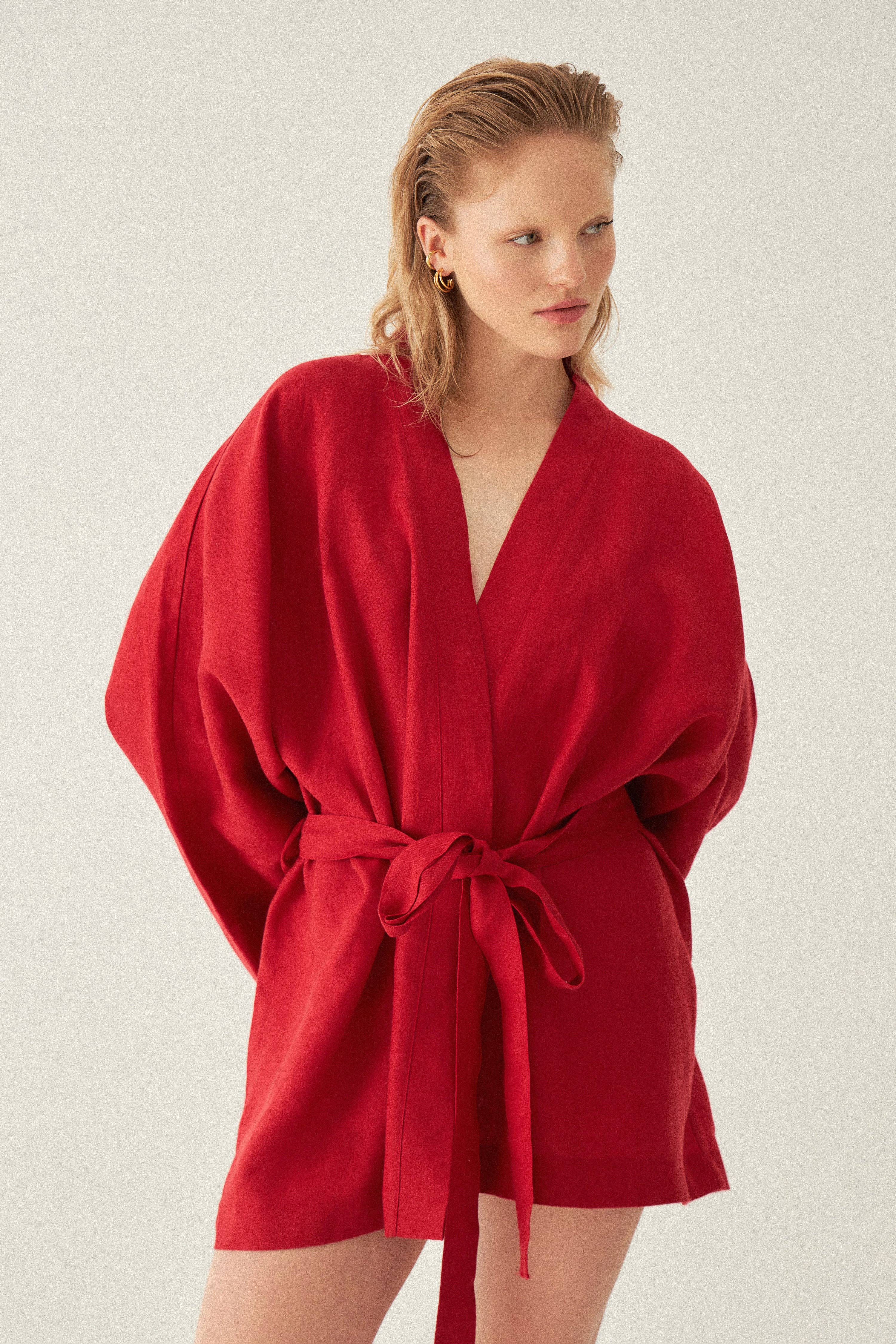 Le Cle – Kimono - Mulher por atacado – Kimono Riva em linho de corte amplo e comprimento curto5