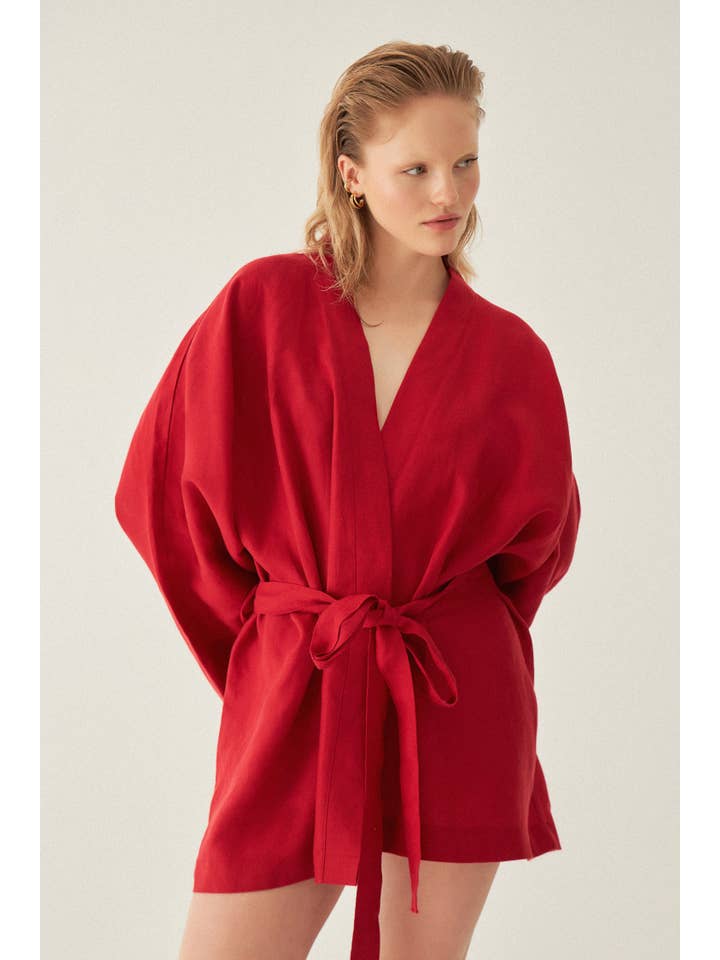 Le Cle – Kimono - Mulher por atacado – Kimono Riva em linho de corte amplo e comprimento curto5