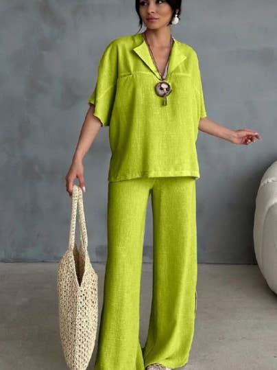 Meyran - Wholesale Top & Pant Set (NOT Loungewear) - Women's - Linen Two-Piece Set Shirt and Pant