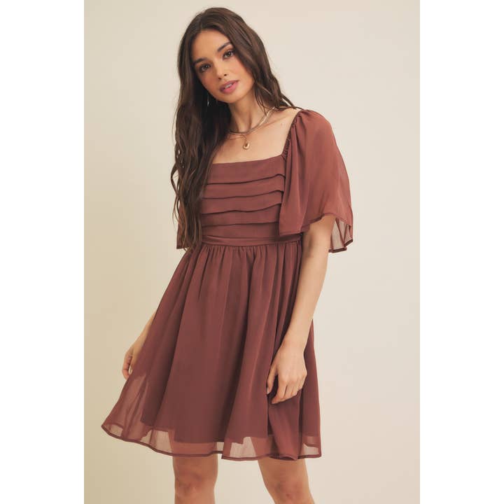 in february - Wholesale Dress - Women's - RUCHED BODICE FLUTTER SLEEVE YORYU CHIFFON DRESS