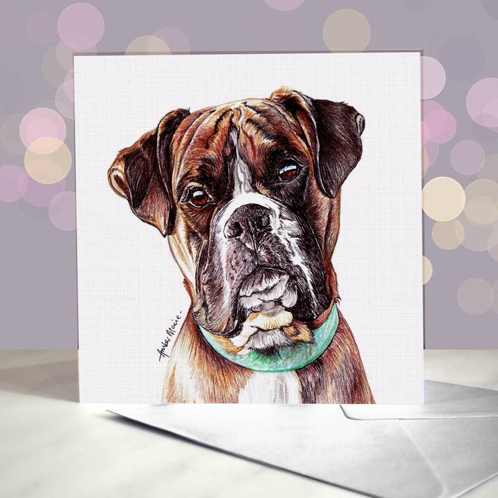 Boxer Most Pupular Greetings Card for wholesale by Amber Marie Studio