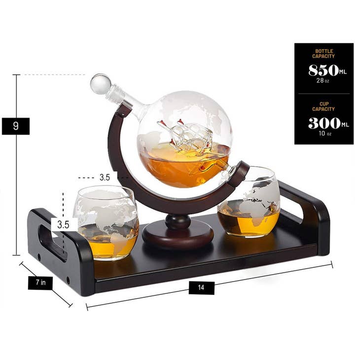 Bezrat - Wholesale Decanter - Etched Globe Whiskey Decanter + 2 Whiskey Glasses on Rich5