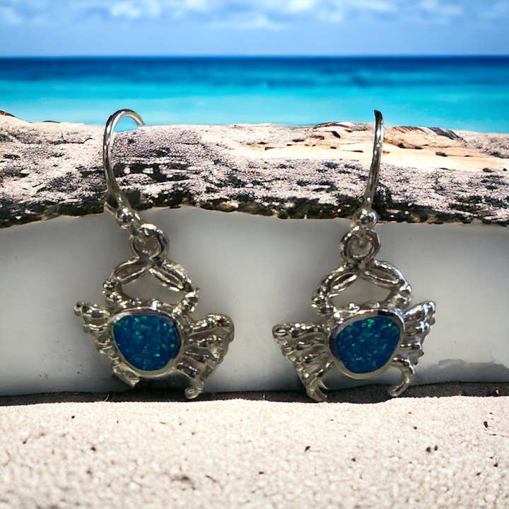 Crab dangle earring with lab opal, sterling silver for wholesale by Jackie Gallagher Designs - Handmade Coastal Jewelry