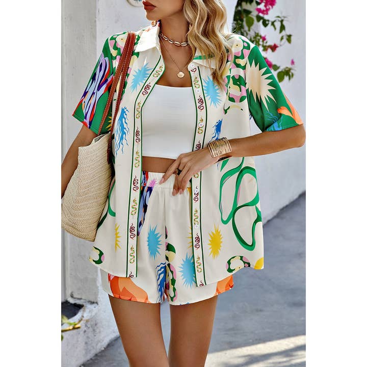 BEIGE GREEN Two Pieces Allover Print Elastic Waist Short Sets for wholesale on Faire