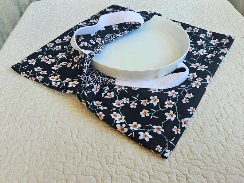 NS par Nathalie SEVE - Vente Sachet de conservation/film alimentaire - Sac à Tarte - Fleurs d'Amandier Noir - Porte plat réversible0