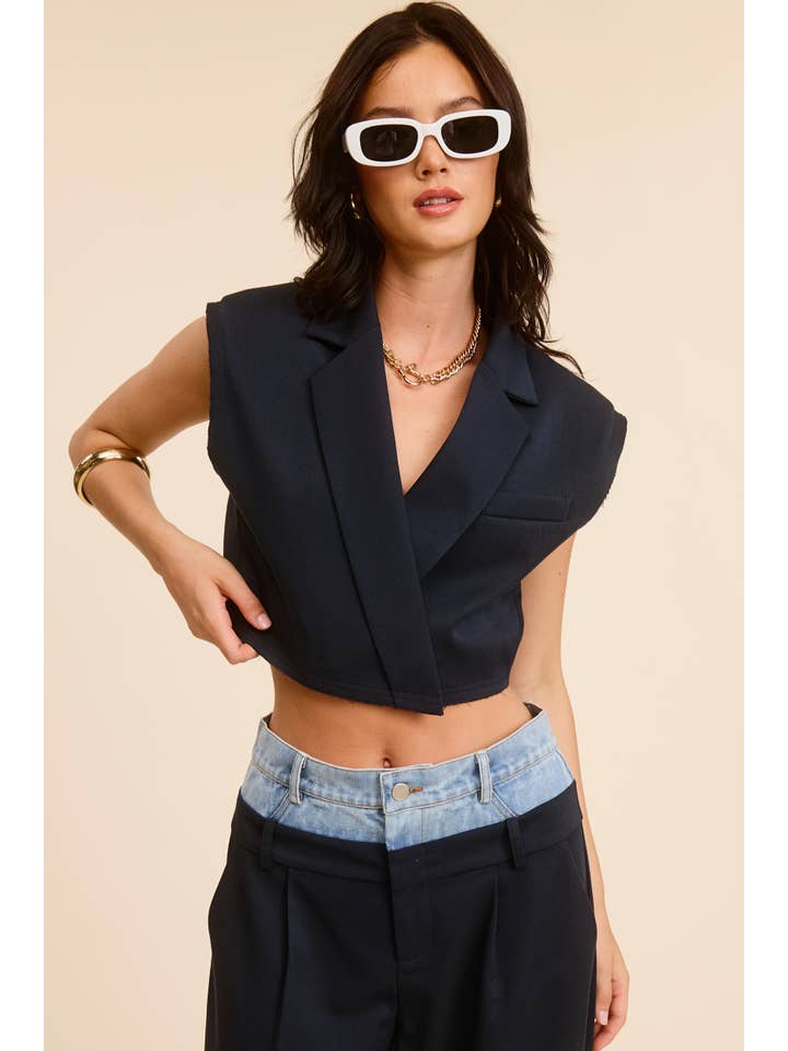 Mimosa - Wholesale Outerwear Vest - Women's - Cropped Collared Vest with Raw Hem17