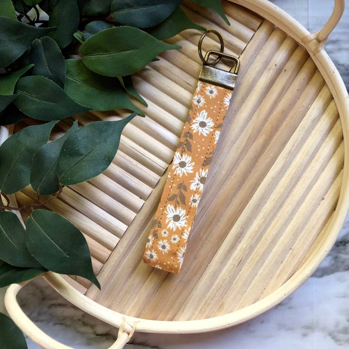 Golden Sunflower Print Fabric Wristlet Keychain, Key Fob for wholesale by MDStickerShop