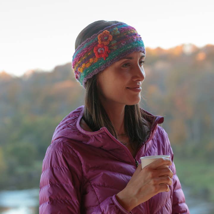 Lassen Knit Headband with Crochet Flower Detail for wholesale by Lost Horizons Knitwear – Ships from USA