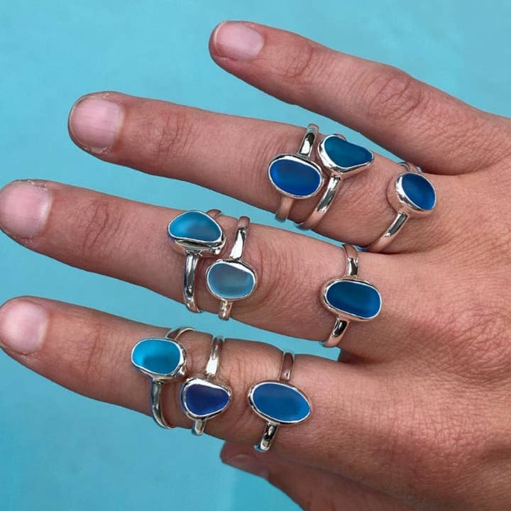 The Salty Gem - Wholesale Single Stone/Solitaire Ring - Blue Sea Glass Ring (Handmade)