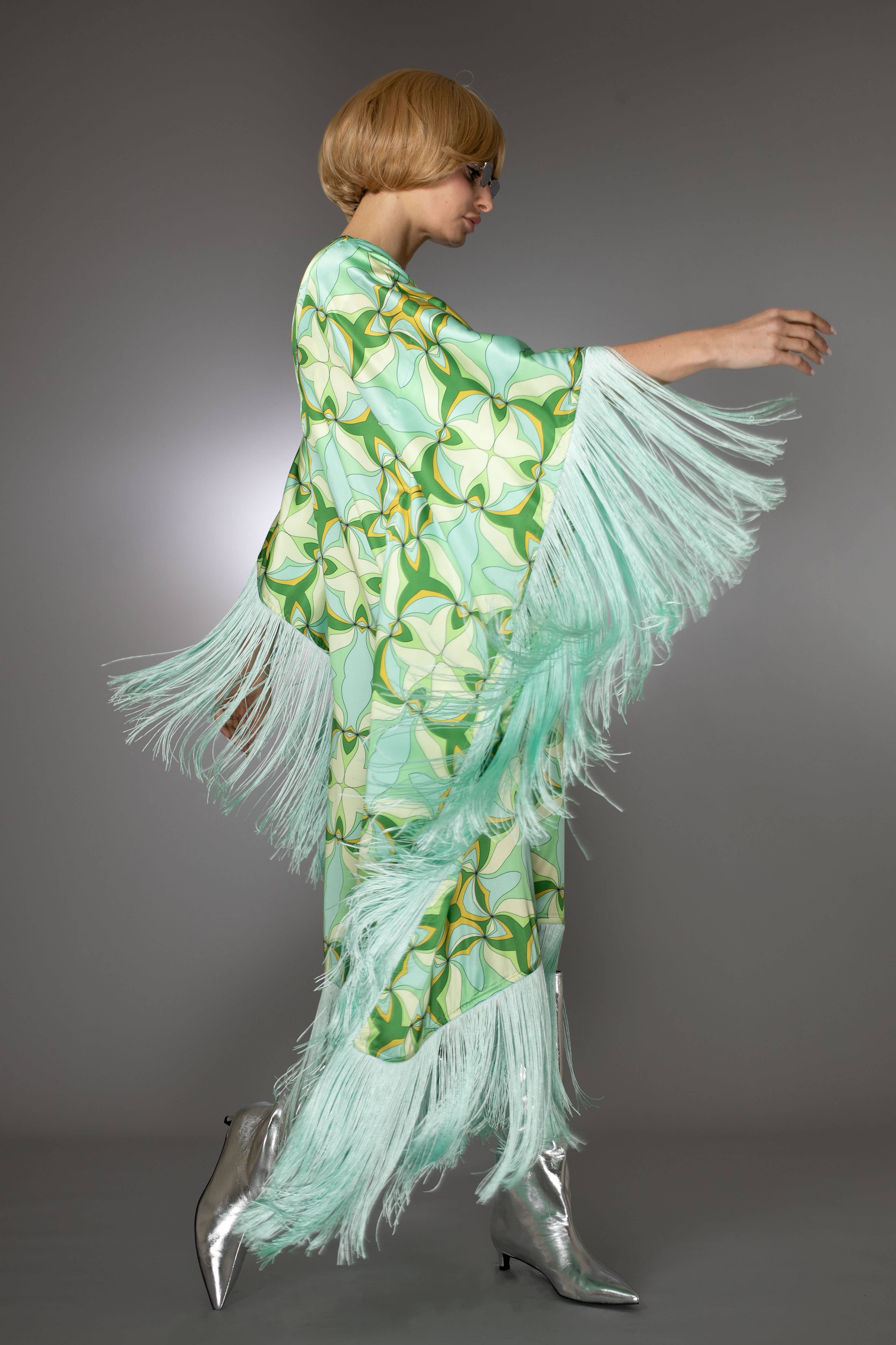 Nuvula - Wholesale Kaftan - Women's - Mint Green Fringed Satin Long Kaftan Dress
