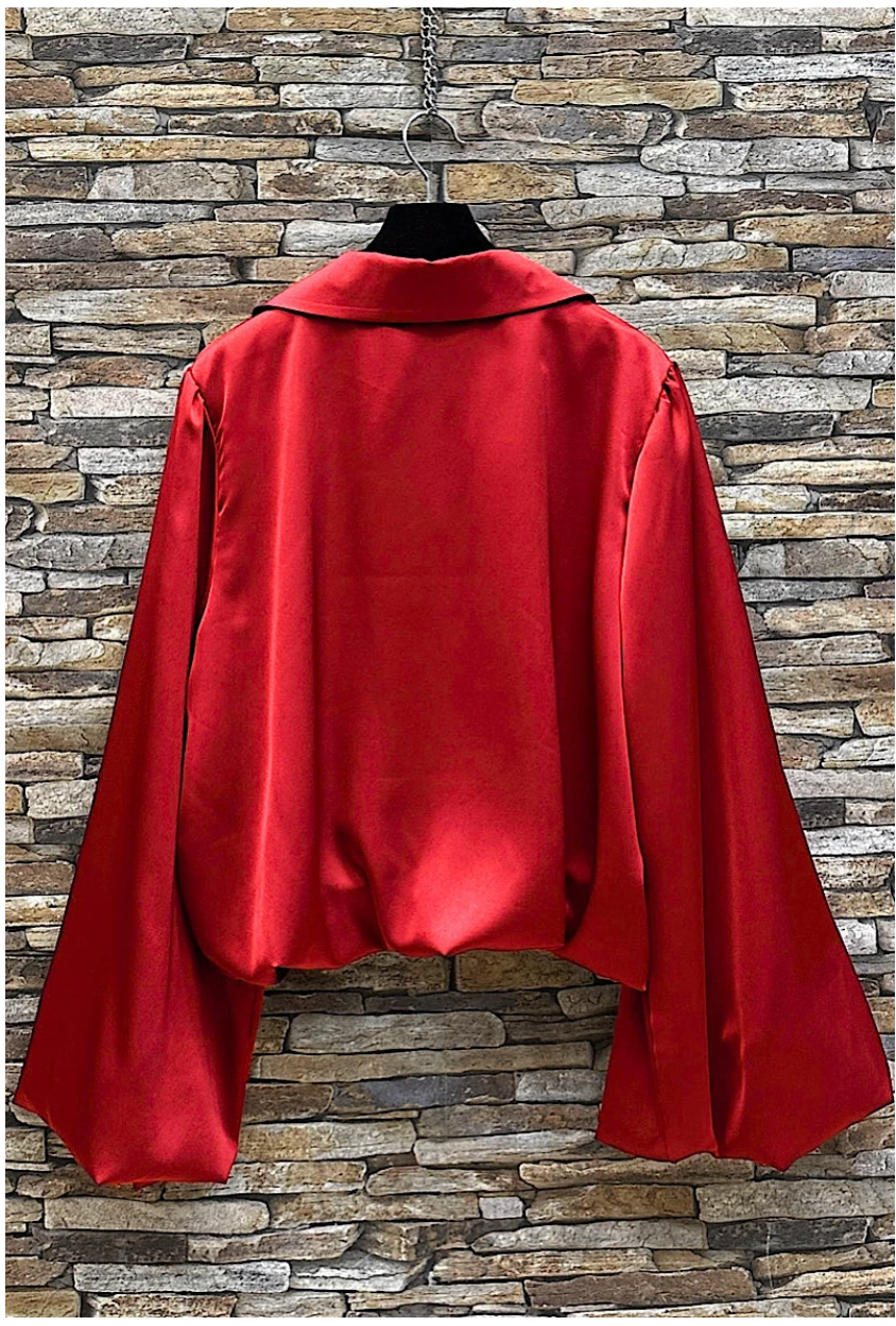 LOOWIE - Wholesale Blouse - Women's - ELBLRED Italian Red Satin Blouse w/ Balloon Sleeves LOOWIE1
