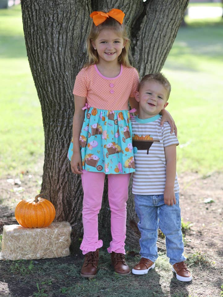 Posh Pickle – wholesale T-shirt – Kids – Pumpkin Harvest Boys' Tan Stripe Knit Shirt with Pumpkin Wheelbarrow Applique4