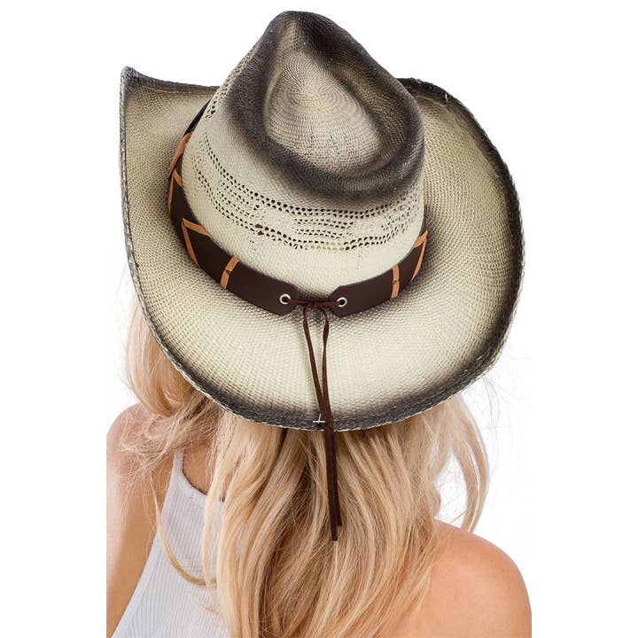 Cap Zone - Wholesale Cowboy Hat - Women's - Longhorn Emblem Belt Ombre Burnt Straw Cowboy Hat