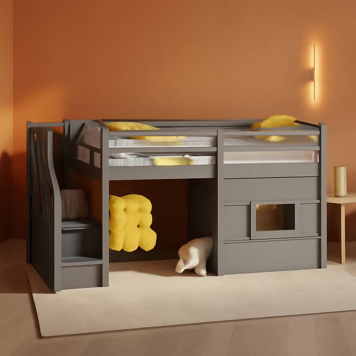 Twin Size Low Loft Bed In Gray With Stairs Storage for wholesale by ShipItFurniture