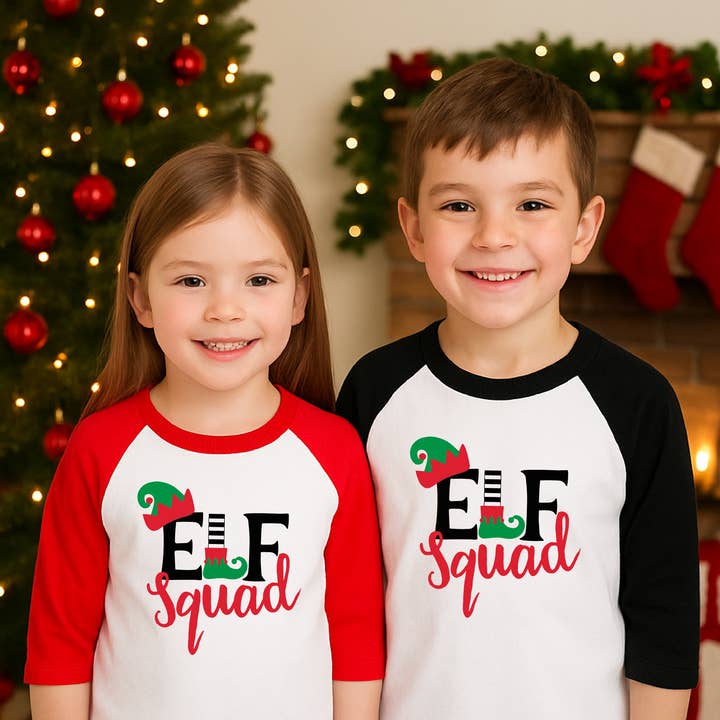 Elf Squad Christmas Raglan, Holiday Kids and Baby Shirt for wholesale by Bump & Beyond Designs