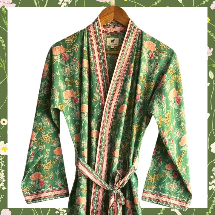 Womens Kimono Robe - Green with Dull Red Border + bag for wholesale by The Indian Bazaar