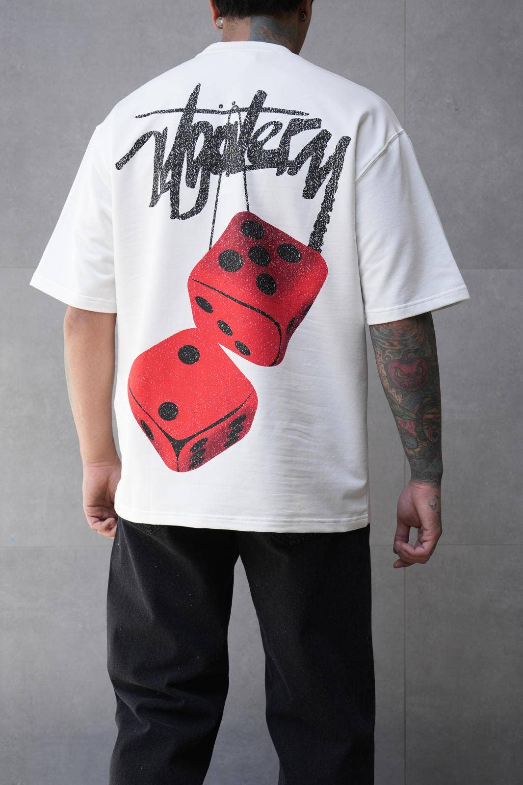 Monocloth - Wholesale Screen printed t-shirt – Men′s - White Dice Print Oversized Street T-Shirt HG223White
