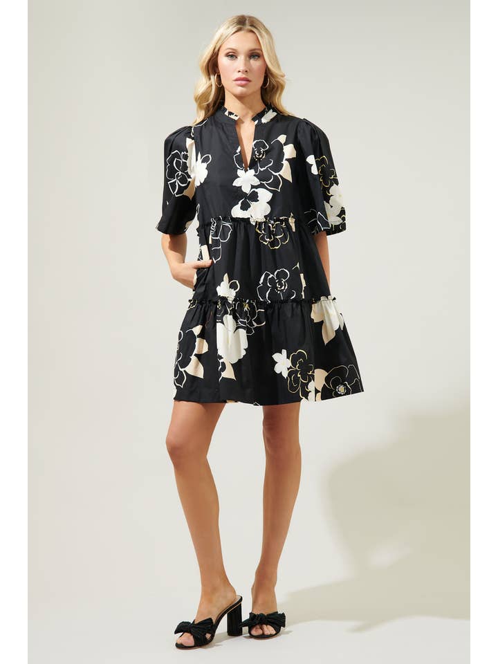 Zwart-taupe Cairan Rose Tomales shiftjurk met gespleten hals voor groothandel op Faire3