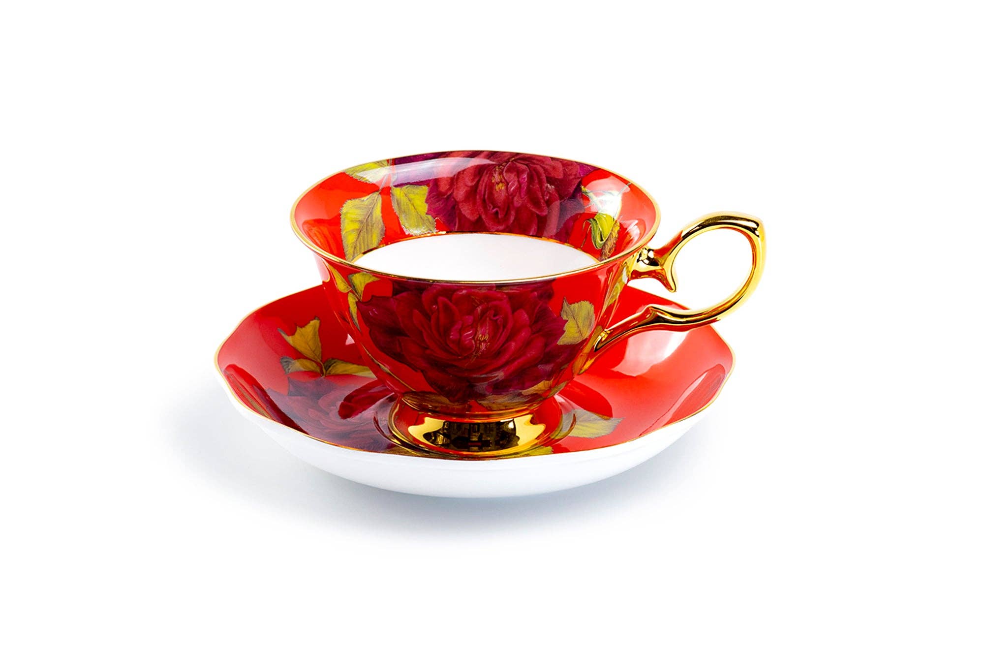 Grace Teaware - Wholesale Coffee/Tea Cup - Gold Red Stem Rose 7oz Bone China Tea Cup and Saucer2
