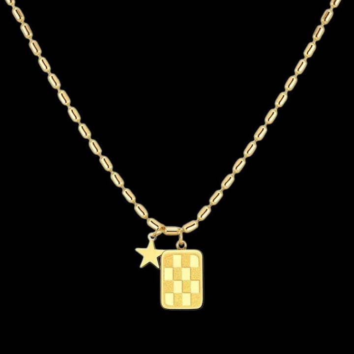 Starlit Checkered Pendant Necklace – A Bold Yet Dainty Statement ✨ for wholesale by Whit's Up Shop