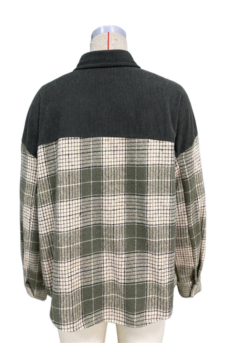 GREEN Plaid Corduroy Button-Up Shirt for wholesale on Faire4