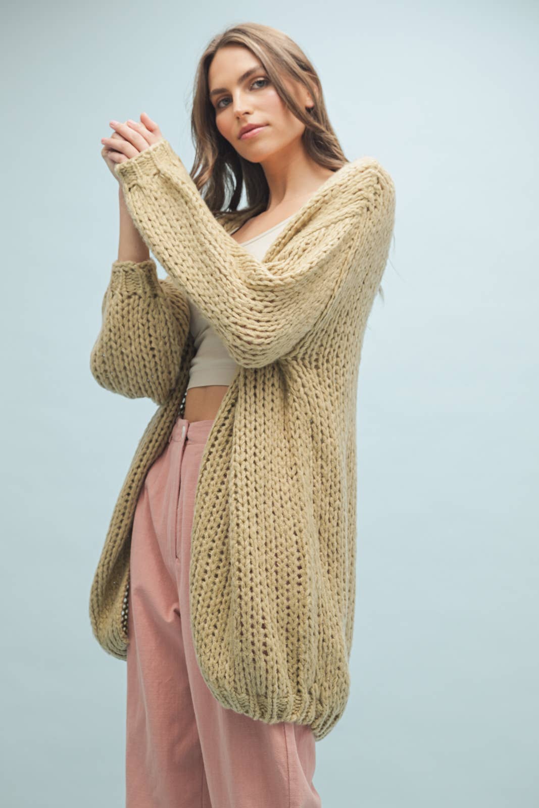 TAUPE OPEN-KNIT CHUNKY SWEATER CARDIGAN / WL25-10382 for wholesale on Faire2
