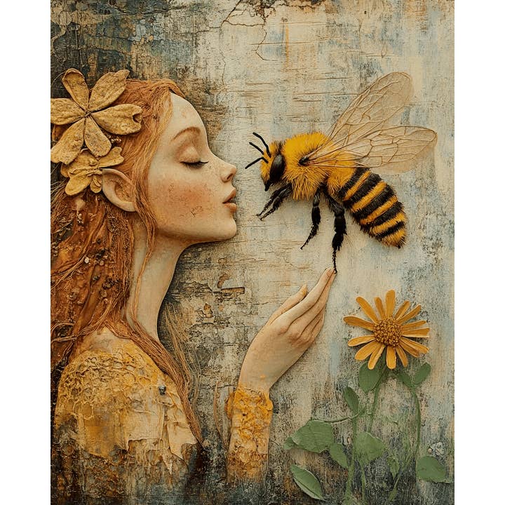 Mowbi - Vente Affiche d'art - Fée d'Art Populaire Parlante à une Abeille - Impressions Murales Miel & Abeille – Œuvre 8″x10″ pour Cadre 11″x14″