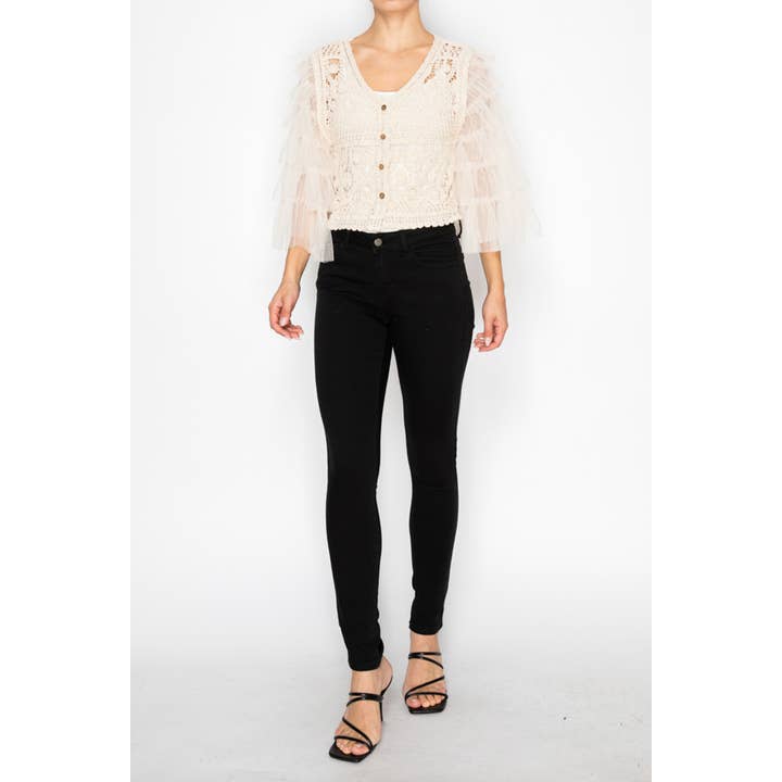 CROCHET CROPPED CARDIGAN WITH TIERED MESH SLEEVES OLS-4941 for wholesale by Origami Apparel ~ Lace and Crochet inspired