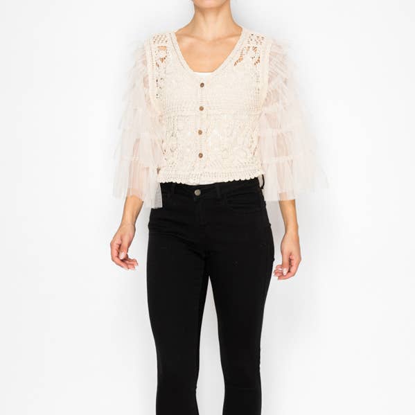 CARDIGAN CORTO ALL'UNCINETTO CON MANICHE A STRATI IN RETE OLS-4941 per la vendita all'ingrosso da parte di Origami Apparel ~ Lace and Crochet inspired