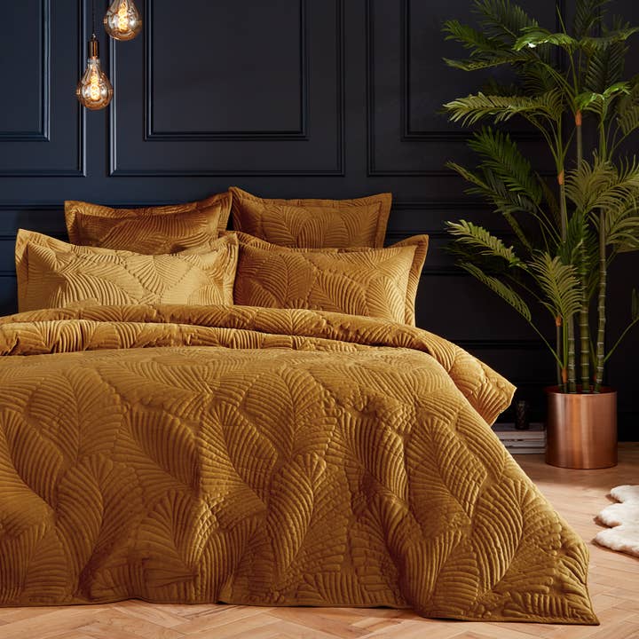 Palmeria Quilted Velvet Duvet Cover Set Gold for wholesale on Faire