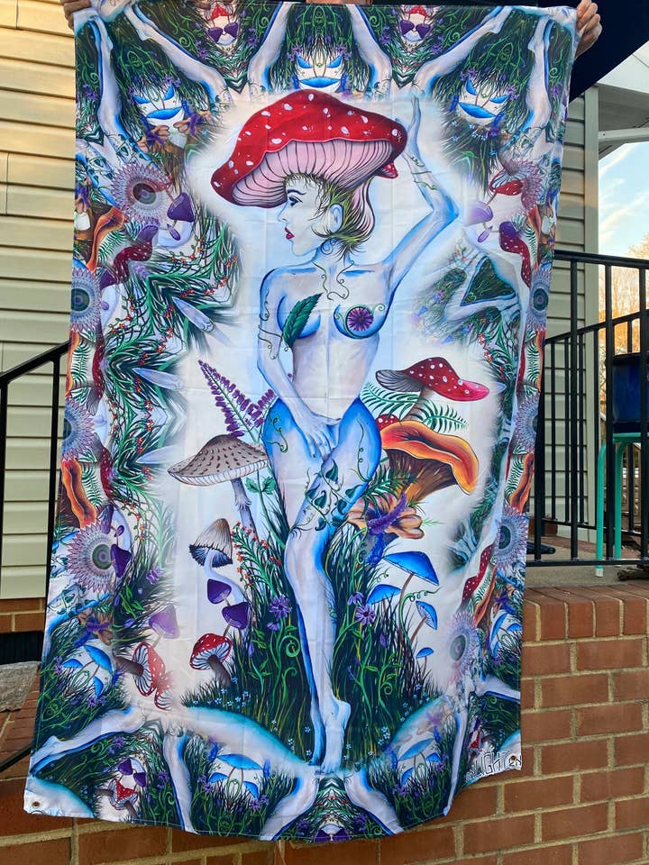 Mushroom Lady Tapestry – Alice In Mushroomland, Original Art by Melanie Bodnar, Festival Decor, Mushroom Art, Whimsical Home Decor for wholesale by Enlighten