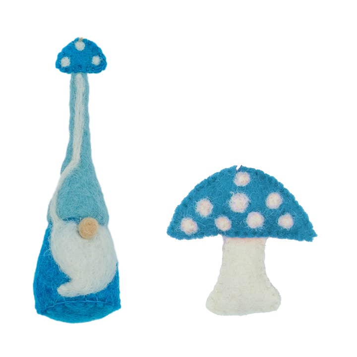 Gnomo a forma di fungo turchese e ornamento a forma di fungo, in feltro, set di 2 per la vendita all'ingrosso da parte di Global Groove Life