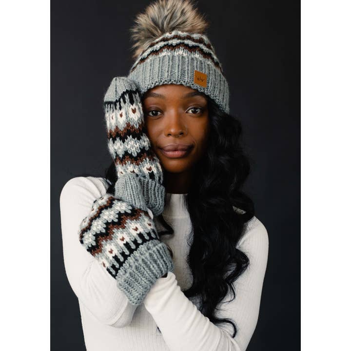 Panache Apparel Co. - Wholesale Beanie - Women's - Gray, Brown & White Winter Pattern Pom Hat