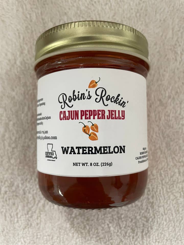 Watermelon Pepper Jelly for wholesale by Robin’s Rockin’ Cajun’ Pepper Jelly