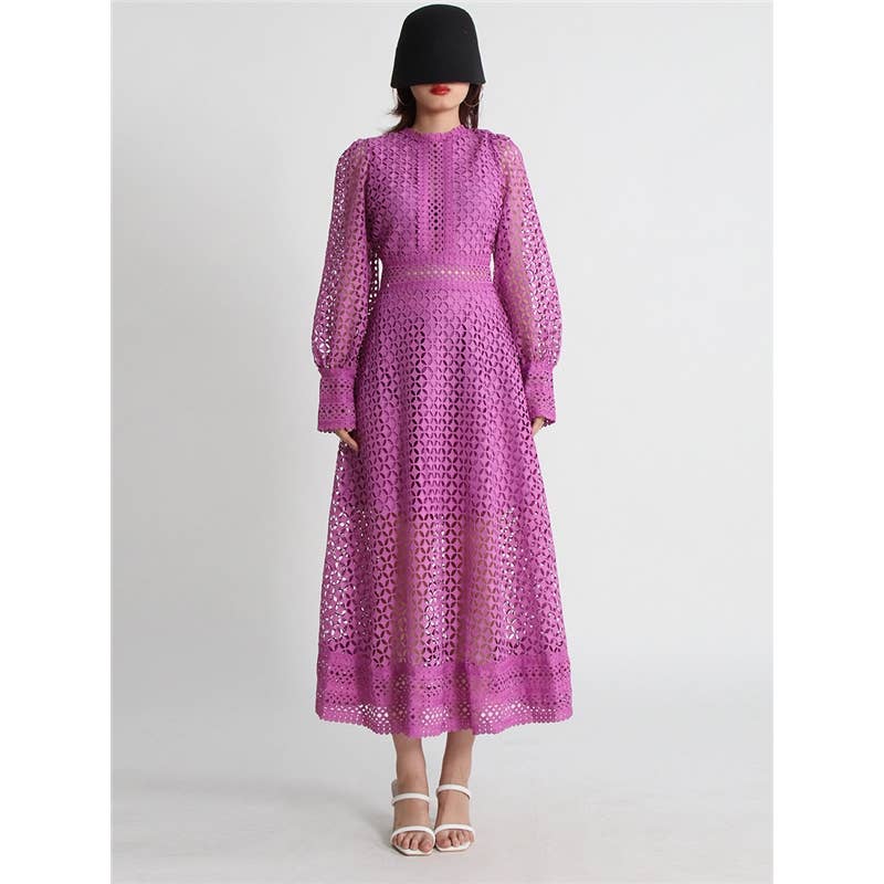 FurDecoration - Wholesale Dress - Women's - Hollow Embroidery Slim Long Sleeve Maxi Dress2