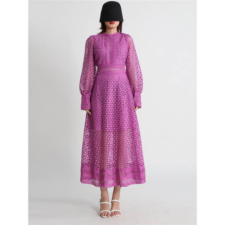 FurDecoration - Wholesale Dress - Women's - Hollow Embroidery Slim Long Sleeve Maxi Dress2