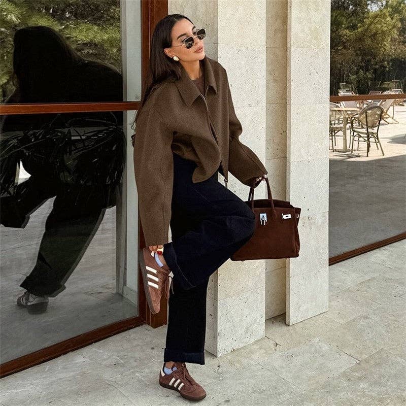 Brown Solid Color Notched Collar Thick Wool Jacket for wholesale on Faire5